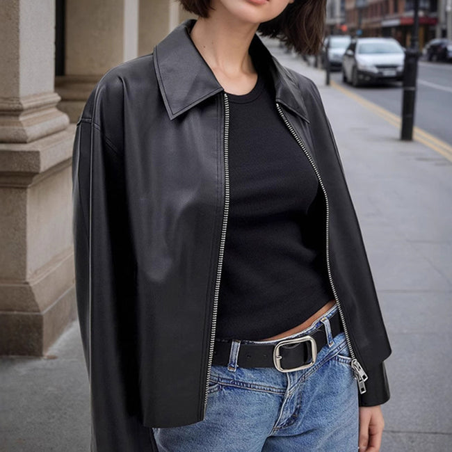 Rhea – Cropped Faux Leather Jacket Hover Image